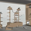 Indoor Wooden Cat Play Area With Trees Beds And Toys Near Blinds