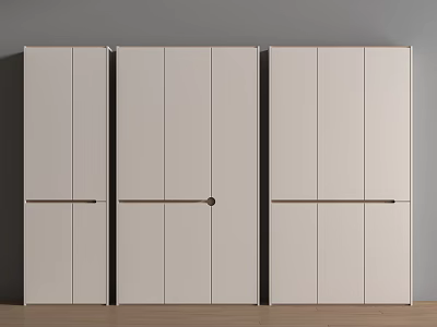 Three Modern White Minimalist Wardrobes With Gray Wall And Wooden Floor 3d model