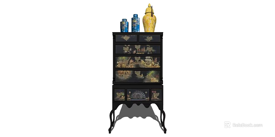 Black Chest of Drawers With Ornate Designs And Vases On Top 3d model 