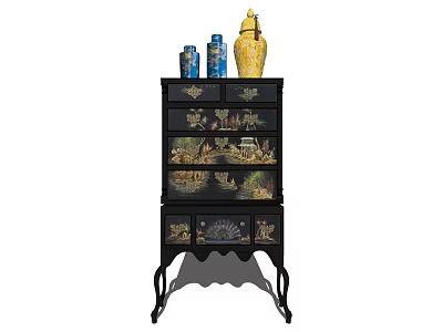 Black Chest of Drawers With Ornate Designs And Vases On Top 3d model