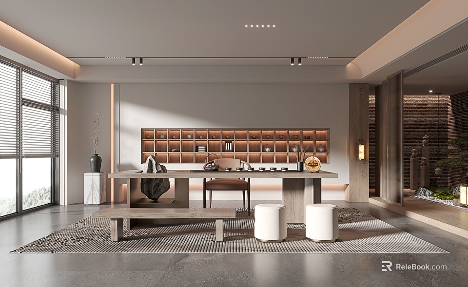 Modern Tea Room Interior Design With Long Tea Table And Wooden Display Shelves 3d model 