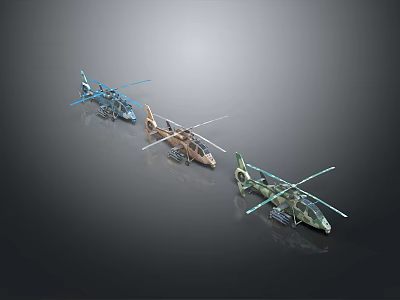 Three Different Colored Helicopter Models Displayed Side by Side on Dark Background 3d model