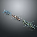 Three Different Colored Helicopter Models Displayed Side by Side on Dark Background
