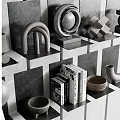 Modern Minimalist Storage Shelving Units With Geometric Shapes And Curved Design In Black White Gray