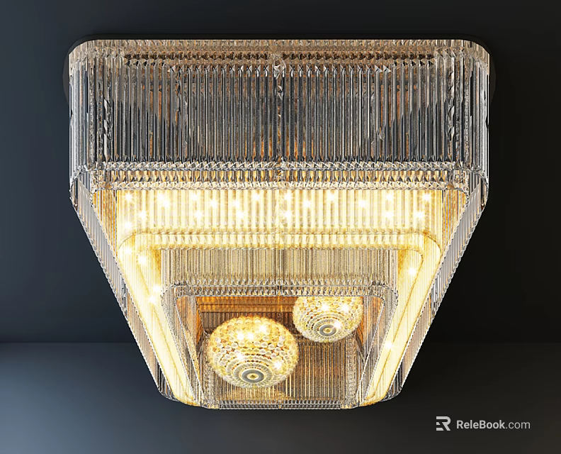 Square Shaped Crystal Chandelier With Transparent Pendants And Illuminated Inner Bulbs 3d model 