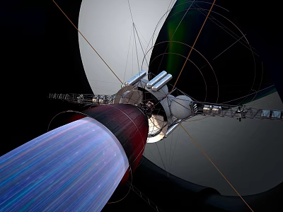 Advanced Spacecraft With Rocket Thruster Solar Panels Antennas And Green Aurora In Space 3d model