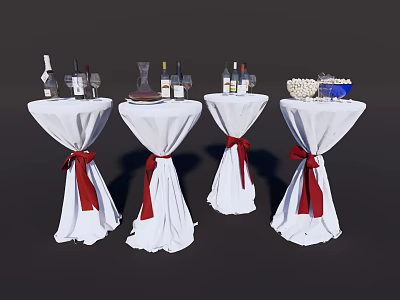 Decorative Round Tables With White Tablecloth Red Ribbons And Assorted Bottles Glasses Snacks 3d model