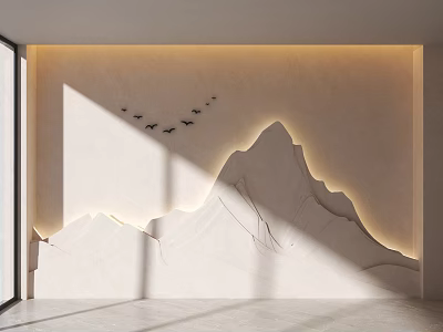 Modern Beige Background Wall With Mountain Shaped Design Bird Decorations And Soft Lighting 3d model