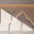Modern Beige Background Wall With Mountain Shaped Design Bird Decorations And Soft Lighting