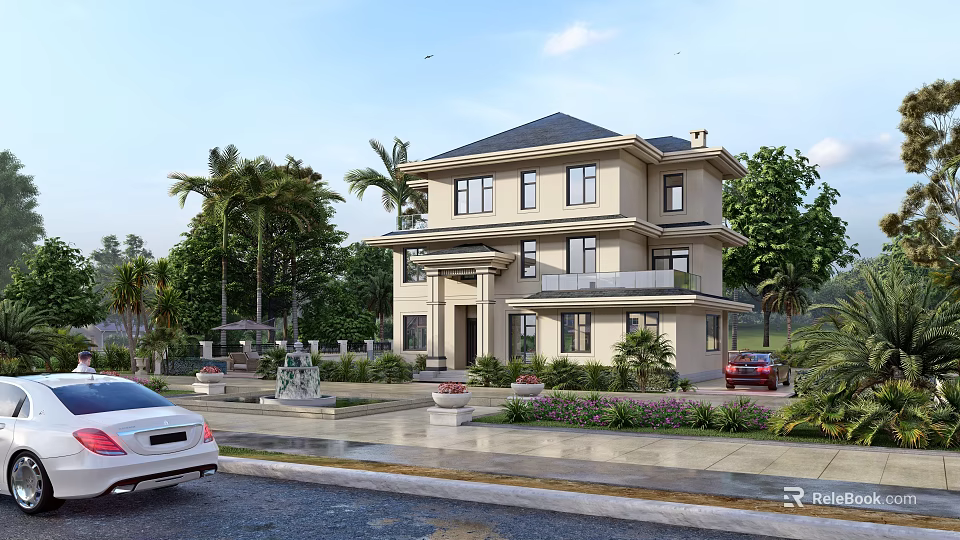 Two Story Detached Villa Exterior With Lush Garden Trees And Driveway Cars 3d model 