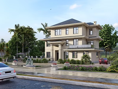 Two Story Detached Villa Exterior With Lush Garden Trees And Driveway Cars 3d model