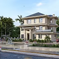 Two Story Detached Villa Exterior With Lush Garden Trees And Driveway Cars