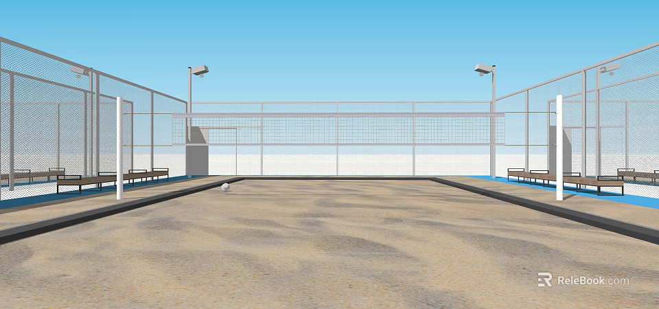 Beach Volleyball Court With Sand Surface Net Lighting Poles And Benches 3d model 