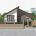 Modern Detached Villa Exterior With Stone Wall Large Windows Outdoor Lights And Trees