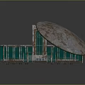 Futuristic Building Model With Curved Roof Green Glass Windows And Circular Metallic Tiers