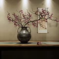 Chinese Style Interior Decor Featuring Vase With Branches Pink Flowers And Scroll Painting