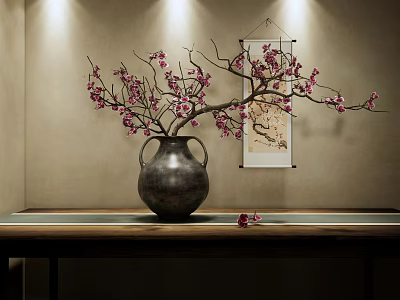 Chinese Style Interior Decor Featuring Vase With Branches Pink Flowers And Scroll Painting 3d model