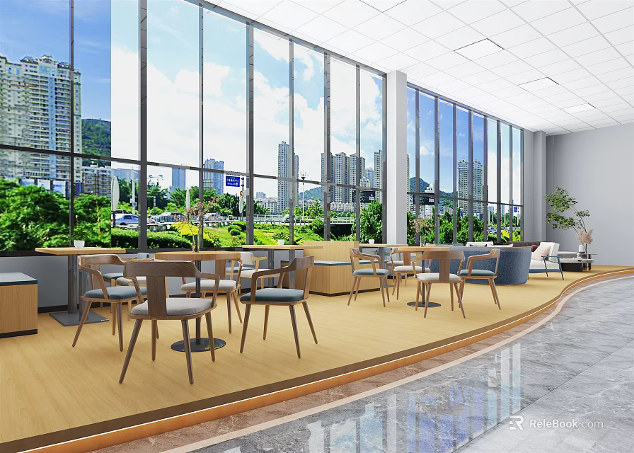 Modern Casual Lounge Area With Large Windows City View Greenery And Chairs 3d model 