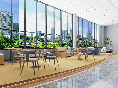 Modern Casual Lounge Area With Large Windows City View Greenery And Chairs 3d model