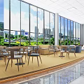 Modern Casual Lounge Area With Large Windows City View Greenery And Chairs