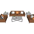 Modern Brown Leather Sofa and Coffee Table Set with Colorful Cushions and White Top