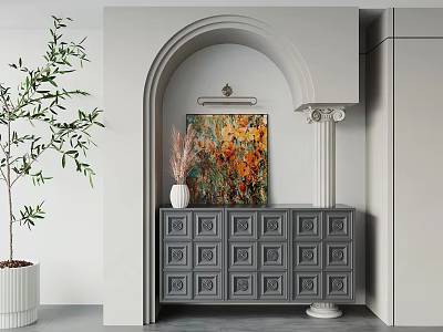 Modern Entryway Interior With Arched Doorway Grey Cabinet Colorful Painting And Green Plant 3d model