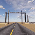 Wooden Entrance Gate With Welcome Sign And Asphalt Road Under Blue Sky