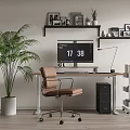 Modern Home Office Desk With Computer Monitor Desk Lamp Brown Chair And Green Plant
