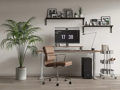 Modern Home Office Desk With Computer Monitor Desk Lamp Brown Chair And Green Plant 3d model