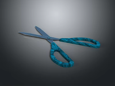 Open Scissors With Blue Handles And Sharp Metal Blades On Gray Background 3d model