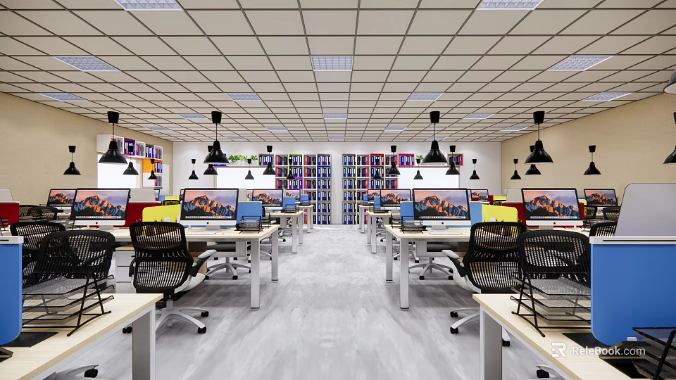 Modern Open Office Space With Desks Computers Ergonomic Chairs Bookshelves And Pendant Lights 3d model 