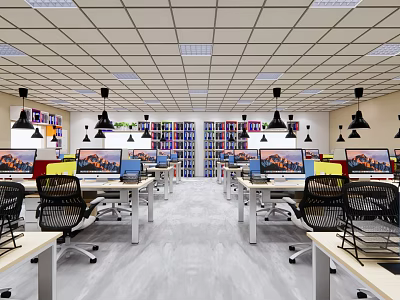 Modern Open Office Space With Desks Computers Ergonomic Chairs Bookshelves And Pendant Lights 3d model