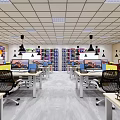Modern Open Office Space With Desks Computers Ergonomic Chairs Bookshelves And Pendant Lights