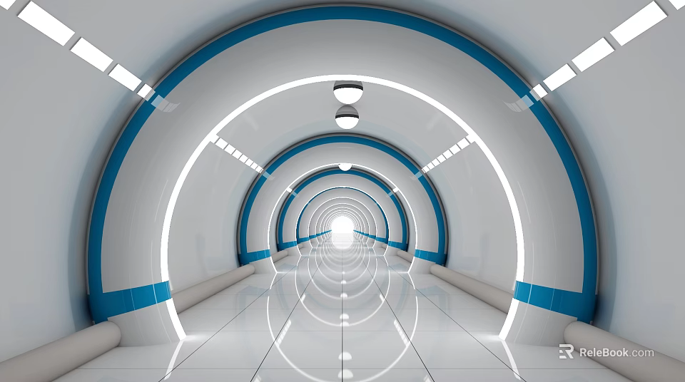 Modern Office Hallway With Curved Blue Accents White Walls And Ceiling Lighting Fixtures 3d model 