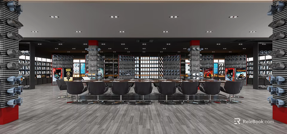 Modern Retail Store Interior With Shelves Black Chairs Gray Wooden Floor And Ceiling Lights 3d model 
