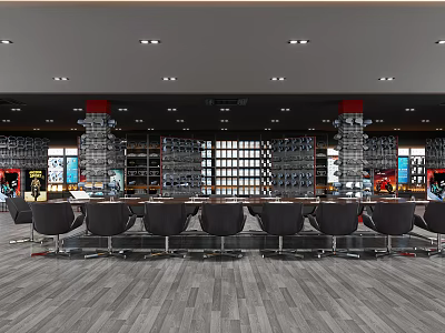 Modern Retail Store Interior With Shelves Black Chairs Gray Wooden Floor And Ceiling Lights 3d model