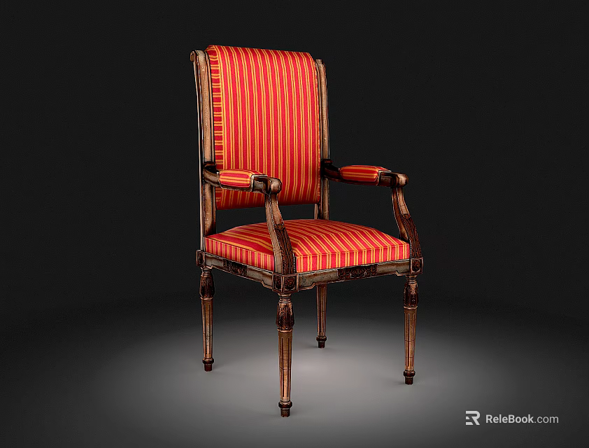 Vintage Single Chair With Red Orange Striped Upholstery And Wooden Armrests 3d model 