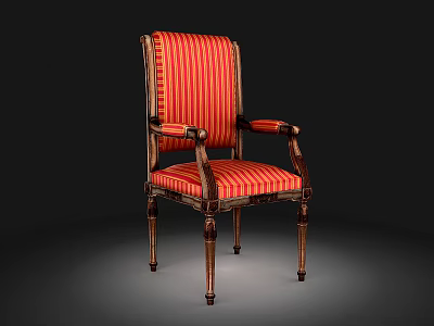 Vintage Single Chair With Red Orange Striped Upholstery And Wooden Armrests 3d model