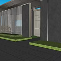Modern Garden Landscape Design With Grille Structure Lawn Stones And Pathways