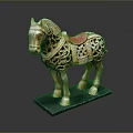 Wooden Carved Horse Statue with Intricate Patterns Red Saddle and Black Base