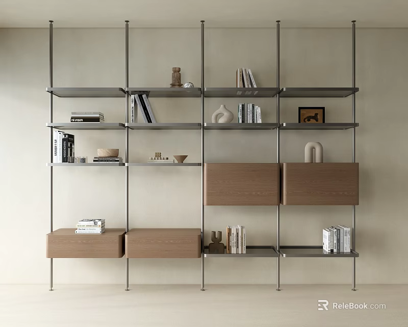 Modern Bookshelf With Metal Frame And Wooden Cabinets Featuring Books Decorative Items And Photo Frame 3d model 