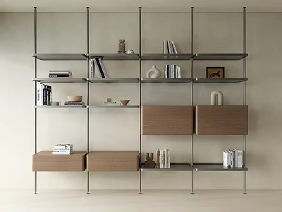 Modern Bookshelf With Metal Frame And Wooden Cabinets Featuring Books Decorative Items And Photo Frame 3d model
