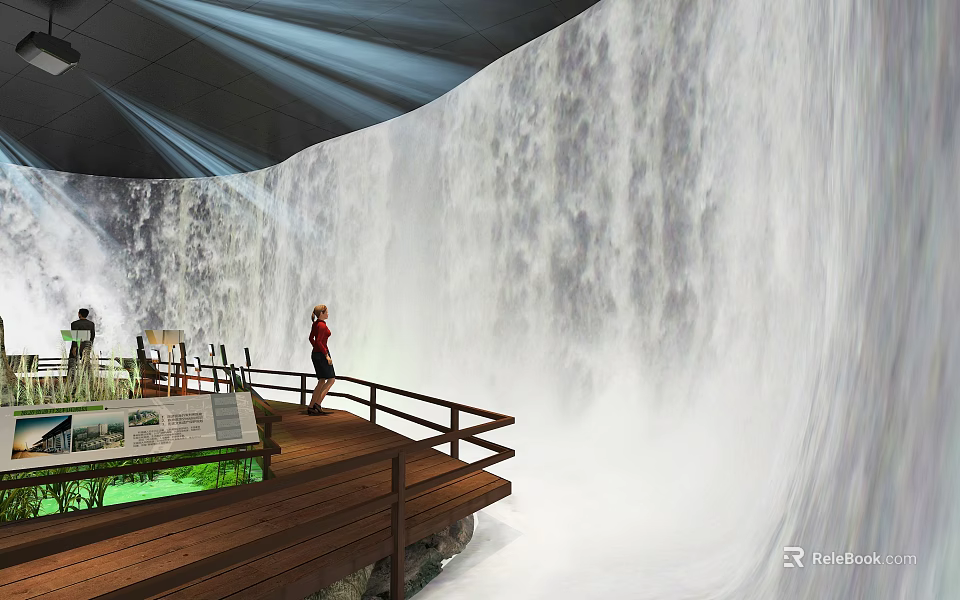 Amusement Park Waterfall Attraction with Wooden Viewing Deck Person Information Board and Light Rays 3d model 