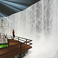 Amusement Park Waterfall Attraction with Wooden Viewing Deck Person Information Board and Light Rays
