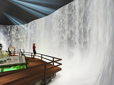 Amusement Park Waterfall Attraction with Wooden Viewing Deck Person Information Board and Light Rays 3d model