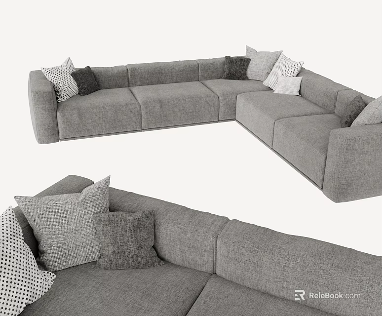 Gray Fabric Sectional Sofa With Multiple Decorative Pillows And Modern Design 3d model