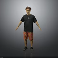 A Man in Black T shirt Red Patterned Shorts with Arms Outstretched Against Gray Background