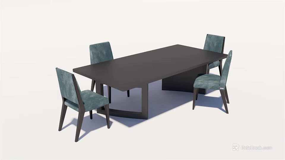 Modern Minimalist Dark Rectangular Dining Table Set with Four Light Green Chairs 3d model 