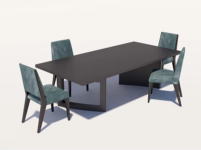 Modern Minimalist Dark Rectangular Dining Table Set with Four Light Green Chairs 3d model