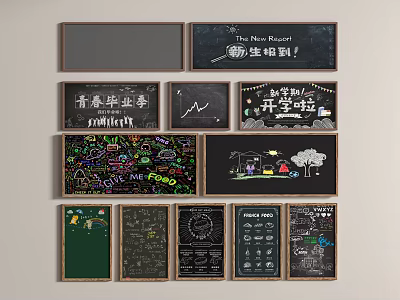 Various Blackboard Contents With Hand Drawn Art Themed Writings And Charts 3d model
